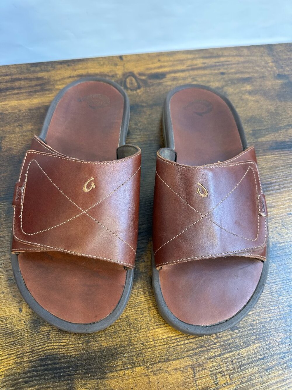 OluKai Ohana Leather Slide Mens 14 Brown Dark Wood Sandals 10137-4848 EUR 47 - Picture 1 of 14